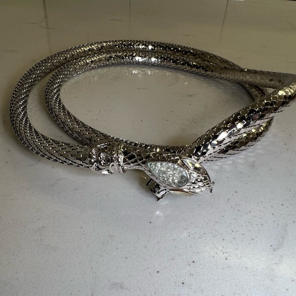 Vintage Silver Mesh Snake Necklace/Belt Crystals Eyes Head Designer 38” - Picture 2 of 10